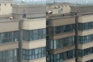 Crianças pulando de um prédio para o outro