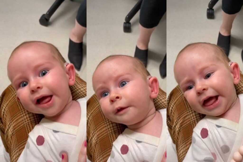 Bebê se emociona ao ouvir os pais pela primeira vez com aparelho auditivo