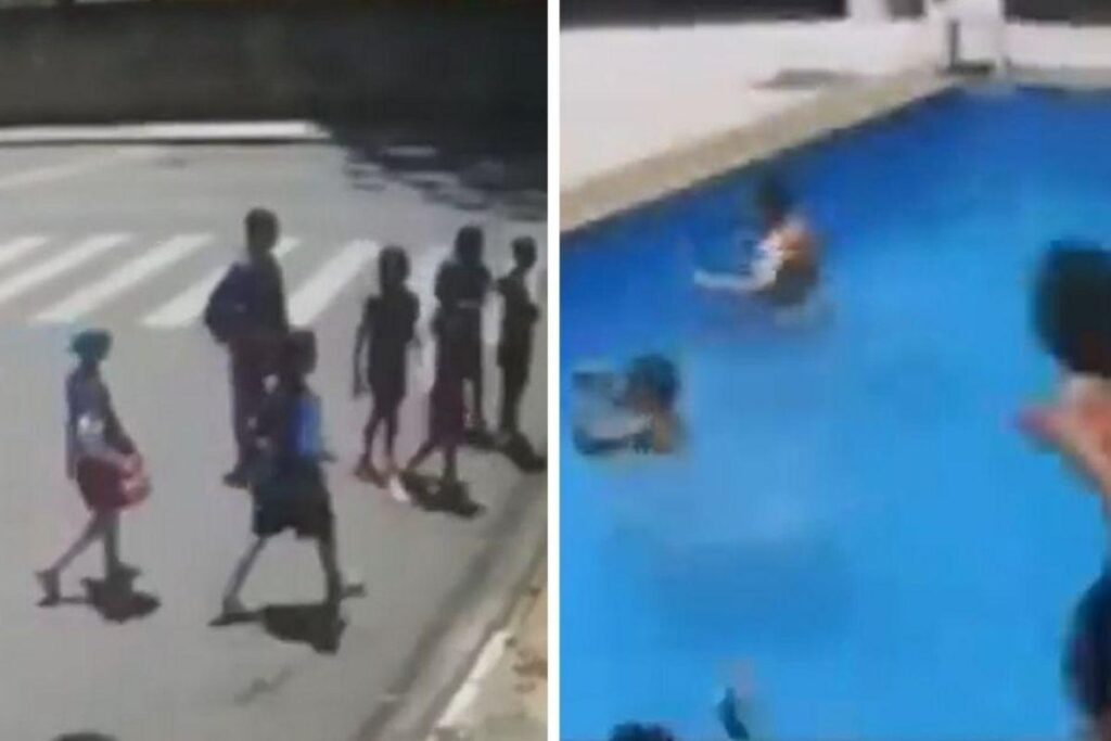 As crianças nadaram na piscina de uma mulher desconhecida