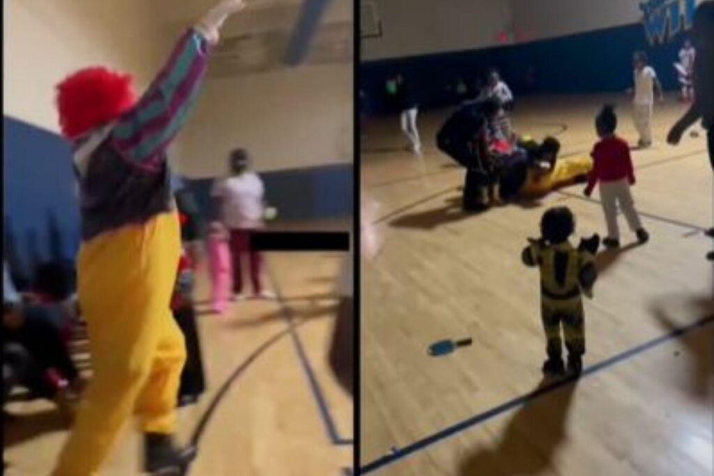 O palhaço tenta assustar as crianças mas não da muito certo