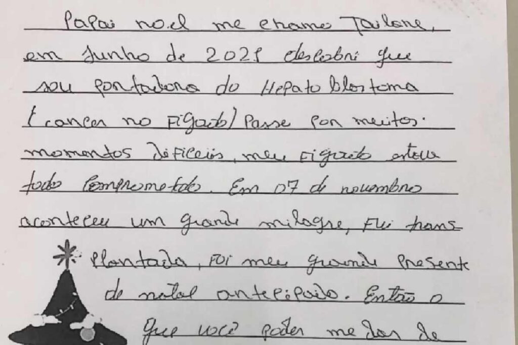 Menina aproveita carta ao Papai Noel para agradecer por transplante de fígado que recebeu