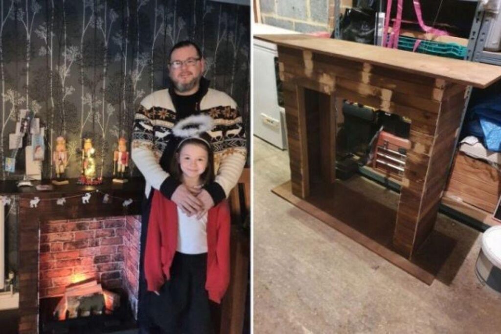 O pai criou uma lareira falsa para alegrar o Natal da filha