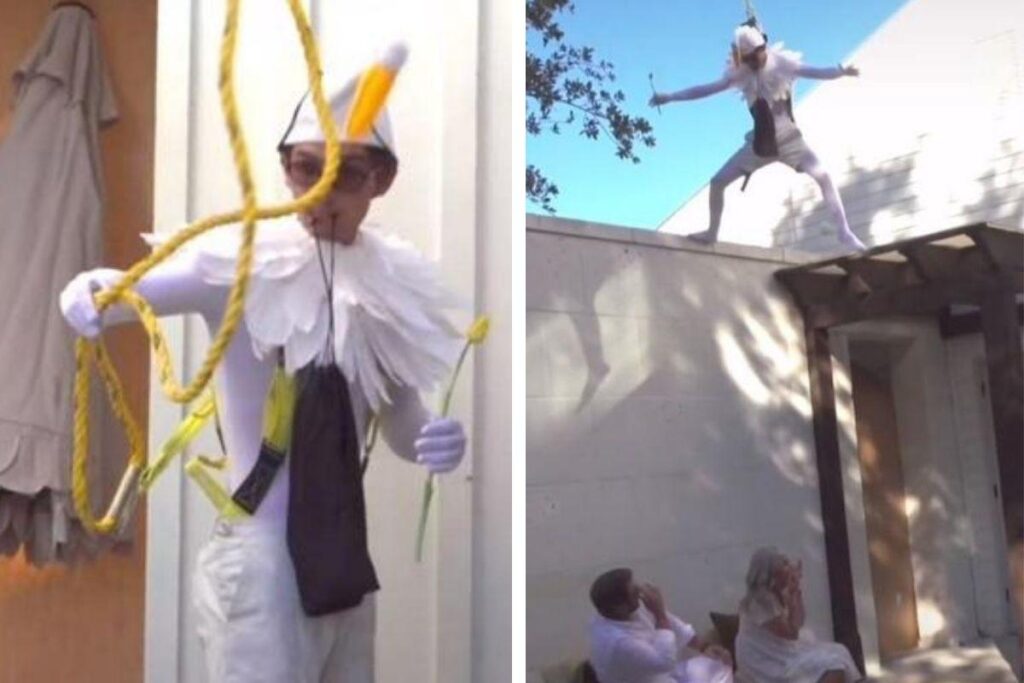 O homem revelou o sexo do bebê vestido de cegonha