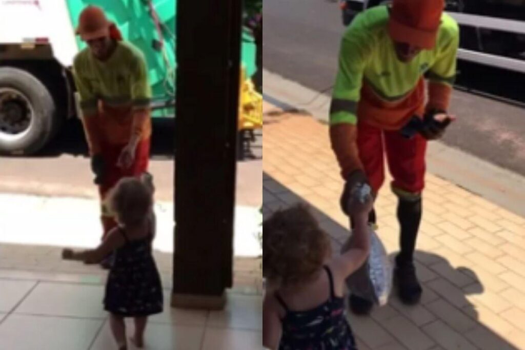 Menina de 2 anos viraliza ao dar panetone para coletores de lixo