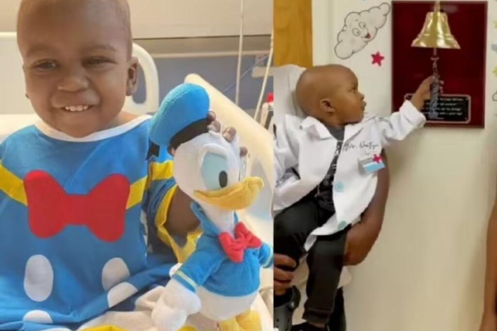 Noah usando a capa de super-herói que ganhou do American Childhood Cancer Organization