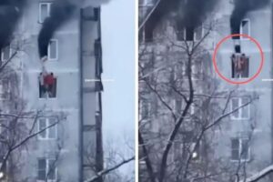 Dois homens estão sendo chamados de heróis após o vídeo de um incêndio em apartamentos de Moscou, na Rússia, cair na internet