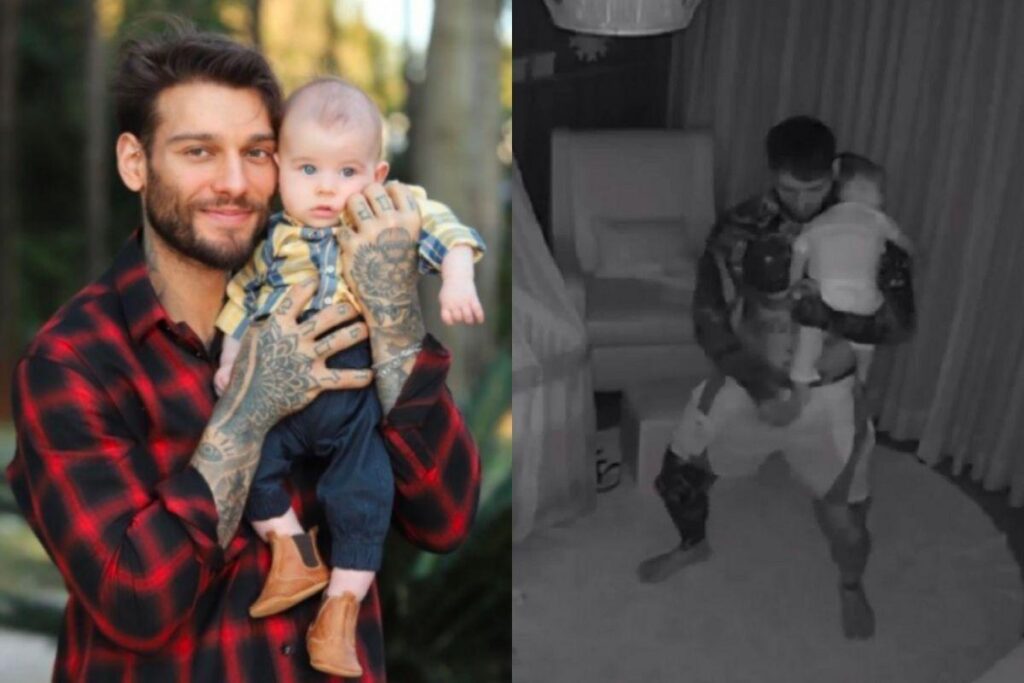 Lucas Lucco dançando TikTok enquanto faz o filho dormir