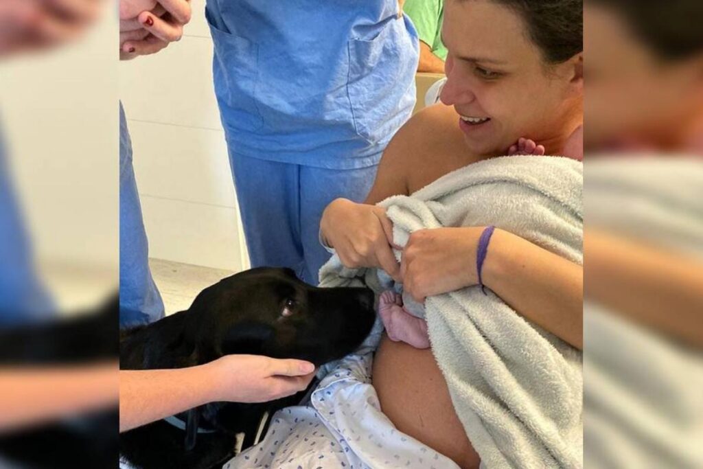 Jéssica ao lado do marido, a recém-nascida, a Ayla e a obstetra, a Mariana