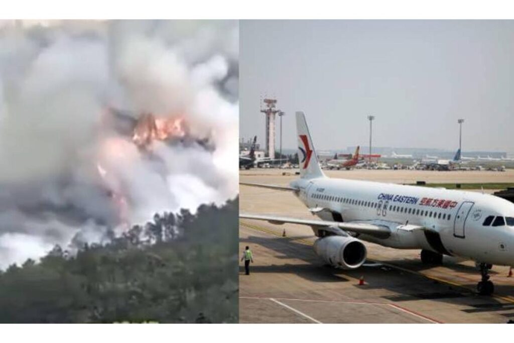 O avião que caiu na China pegou fogo após a queda de deixou destroços no chão