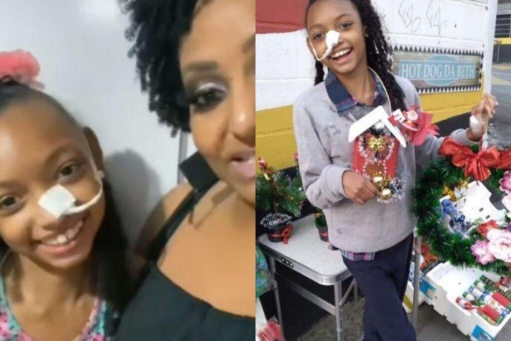 A menina de 12 anos montou a barraca de artesanatos para ajudar a mãe