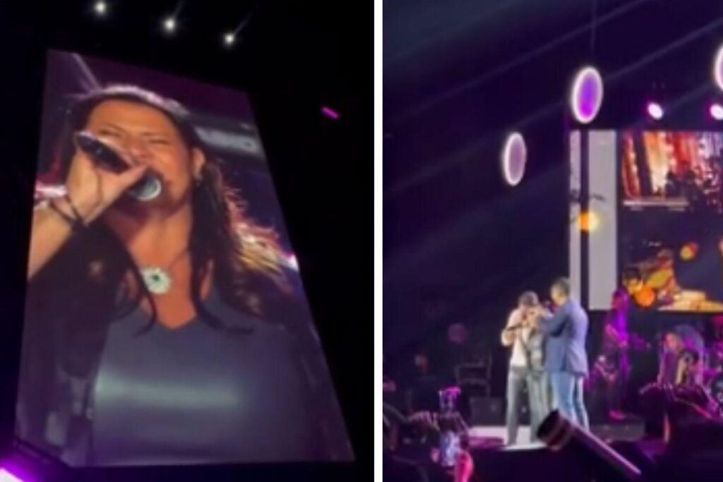 Ruth Moreira cantando ao lado de Henrique e Juliano