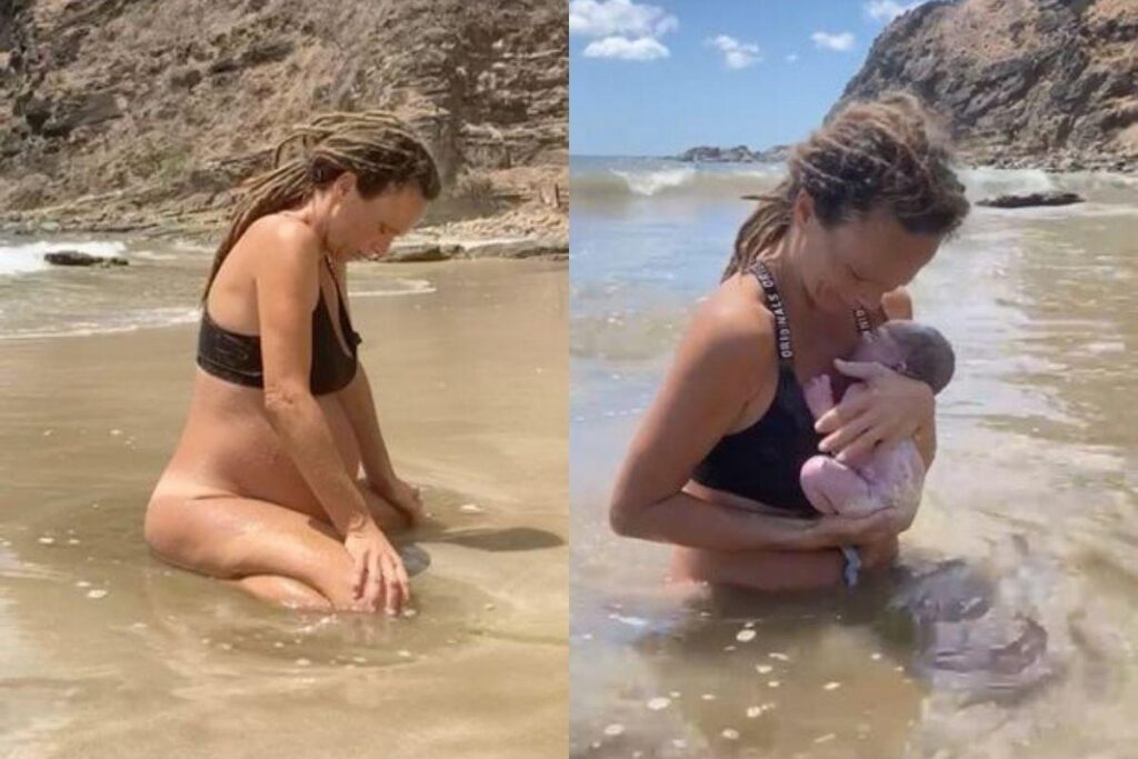 Mãe divide opiniões após realizar parto humanizado na praia: “Não é nojento”