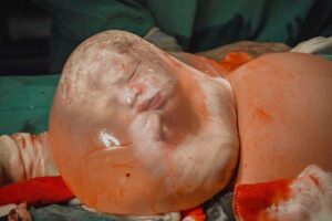 A mãe estava grávida de gêmeos, mas apenas um nasceu empelicado