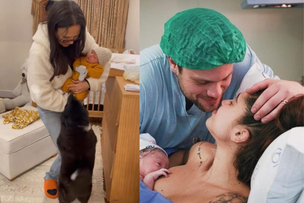 Breno Simões e Paula Amorim mostram 1° filho conhecendo cachorra