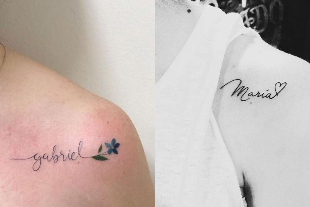 Tatuagem com nome de filho no ombro usando letra cursiva e com desenho de flor