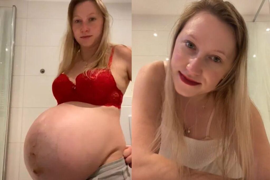 Eva checando a circunferência de sua barriga e ao lado do filho mais velho