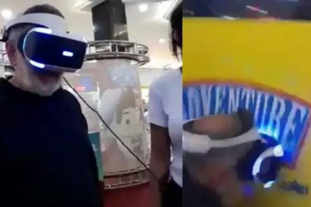 O idoso seguiu as orientações do neto e caiu sobre a tela da atração