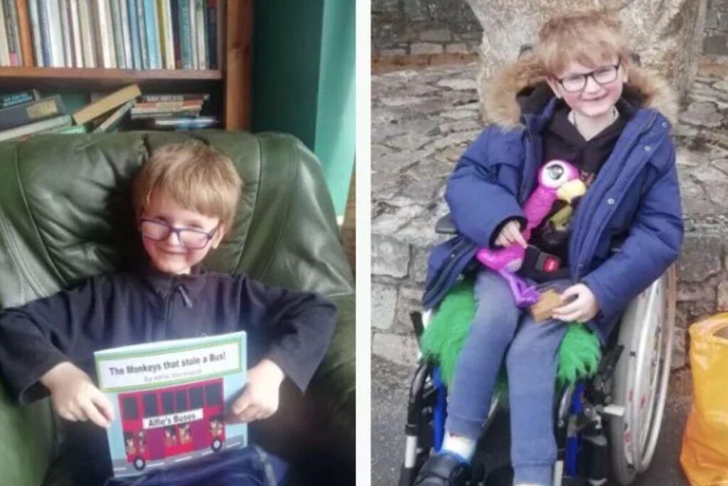 Alfie escreveu e ilustrou próprio livro para conseguir seu dinheiro e, assim, comprar uma nova cadeira de rodas elétrica
