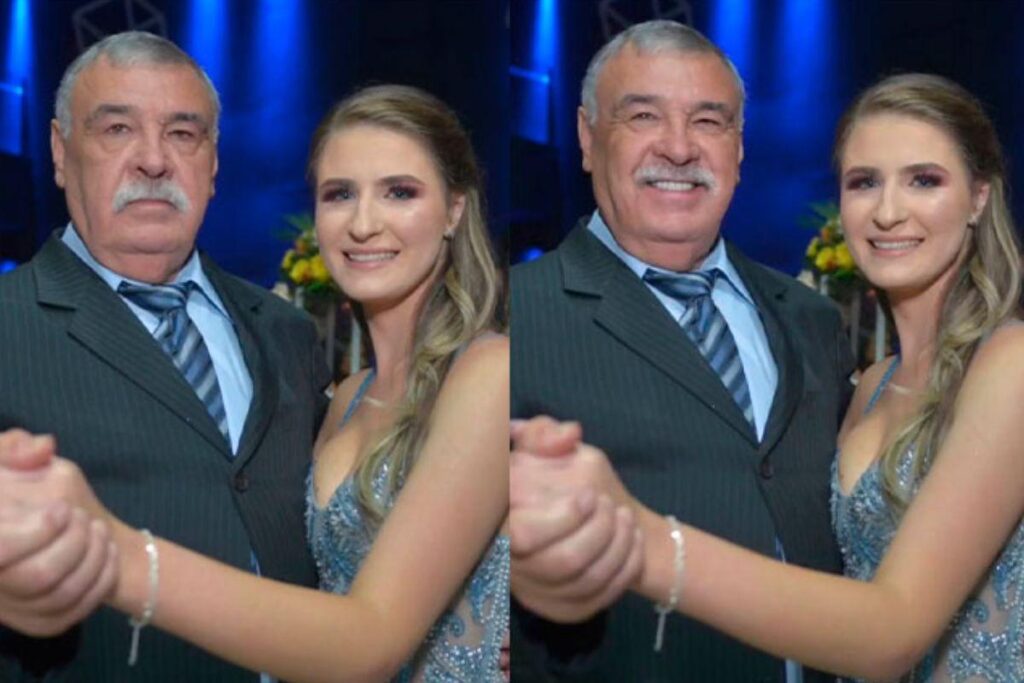 Alana junto de seu pai em um dos registros da formatura