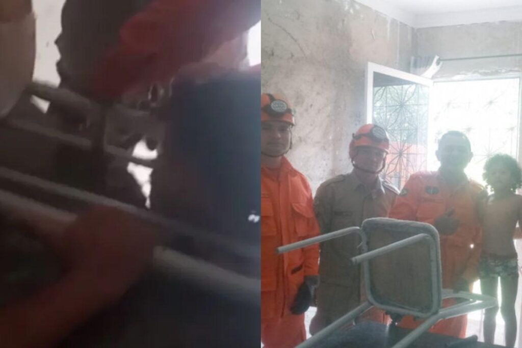 Durante o resgate, bombeiros usaram uma corda e uma barra de ferro para fazer um torniquete na cadeira