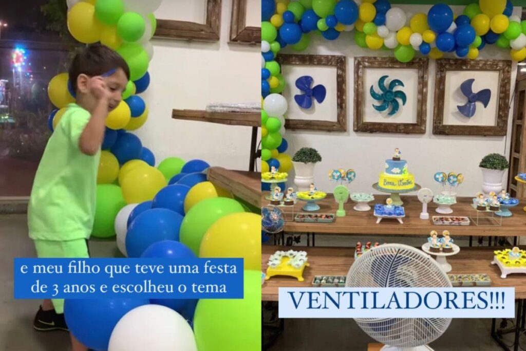 Mesa da festa com a decoração inspirada em ventiladores