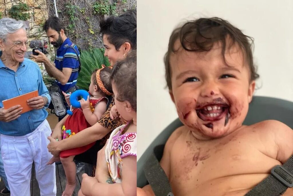 Fernando Diniz, Emanuelle Araújo e Caetano Veloso com as gêmeas de Nanda Costa e Lan Lanh