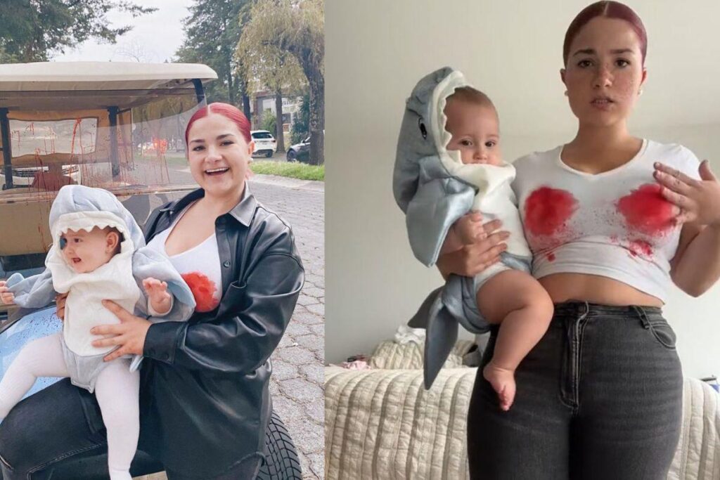 Mãe fantasia a família como personagens do filme a família Adams