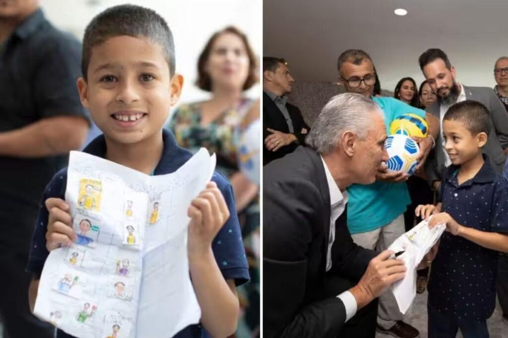 Menino que desenhou álbum da copa conhece Tite e Marta