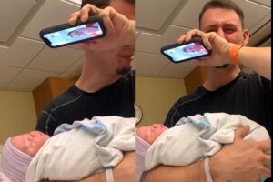 Pai se emociona ao ver filho pela primeira vez