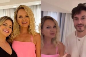 Eliana aparece com os futuros pais Viih Tube e Eliezer em gravação de programa