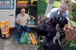 Alguns dos voluntários com os sacos de ração destinados aos cães