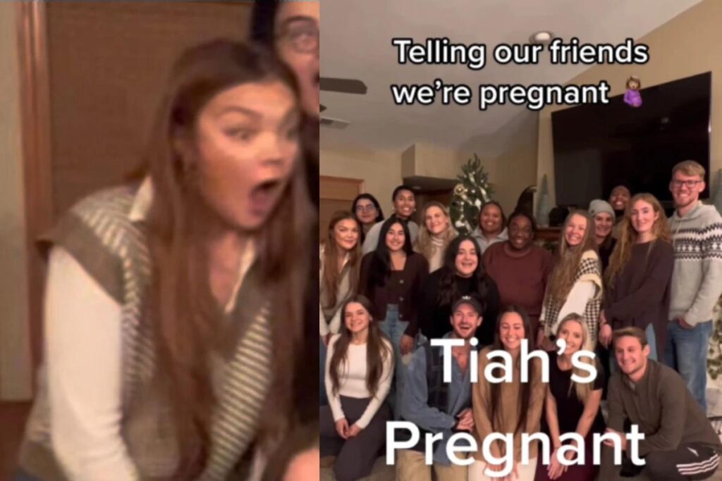 Casal surpreende amigos ao contarem sobre gravidez e eles têm reação engraçada