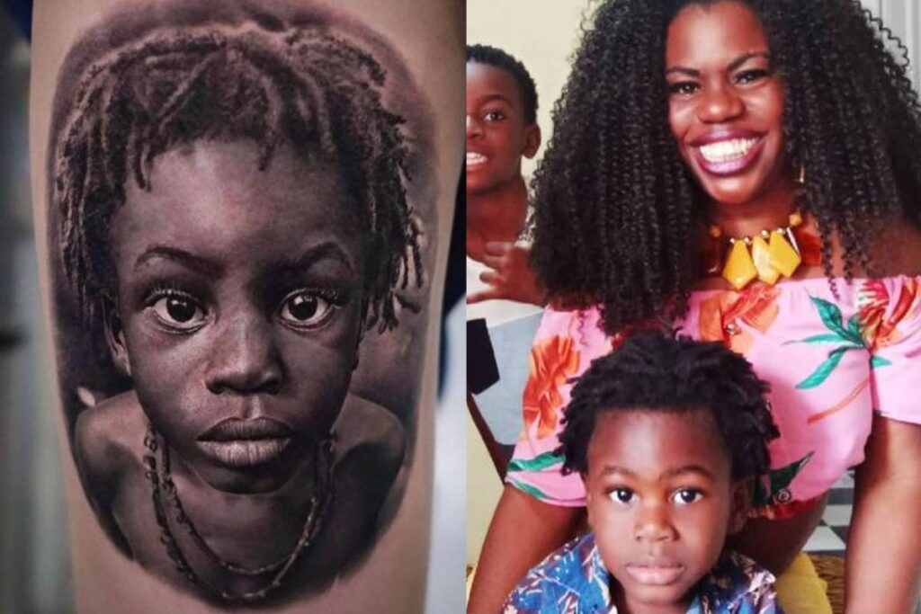 Preta ao lado de seus dois filhos, Ian e Ayo