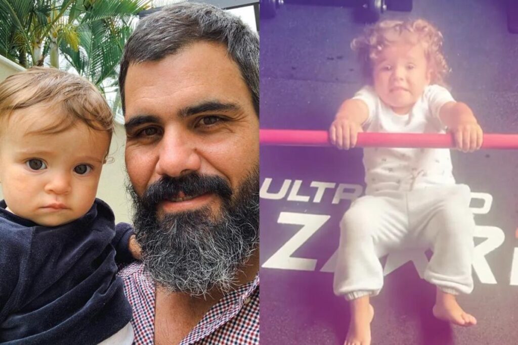 Juliano Cazarré mostra treino pesado ao lado da filha de 2 anos, Maria Guilhermina