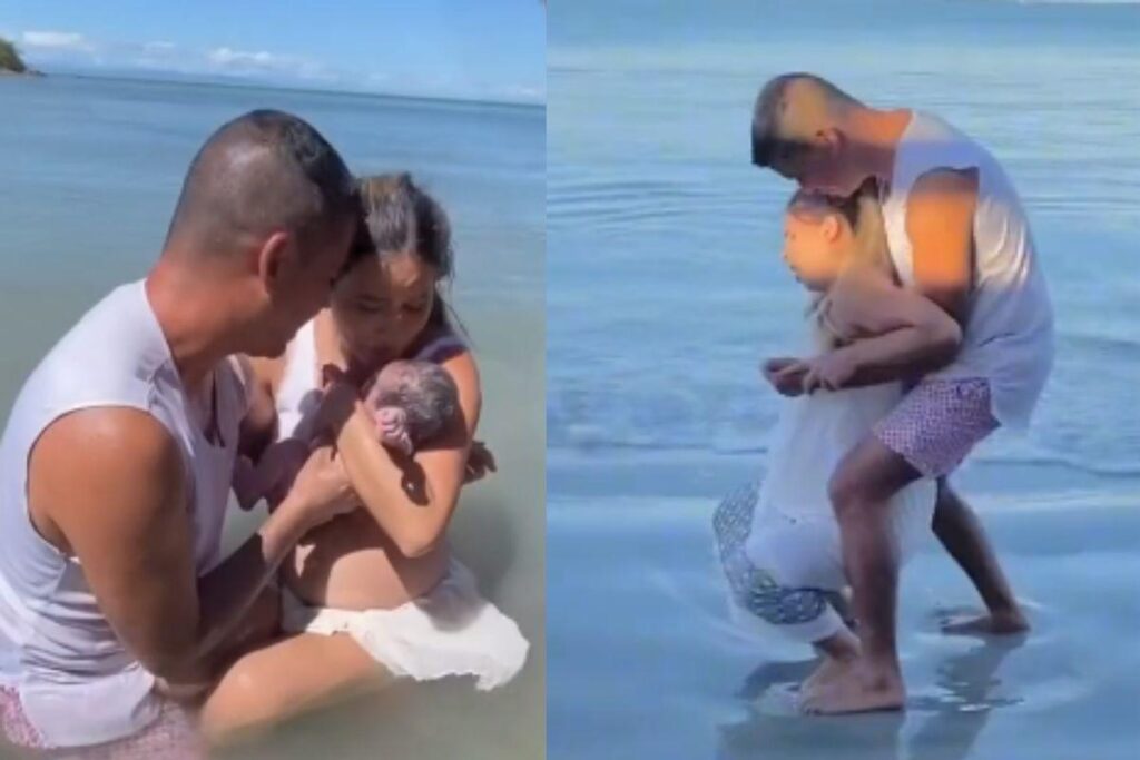 Mulher dá à luz em praia