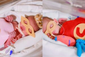 Mãe e filha fazem sessão de fotos de carnaval com bebês na UTI