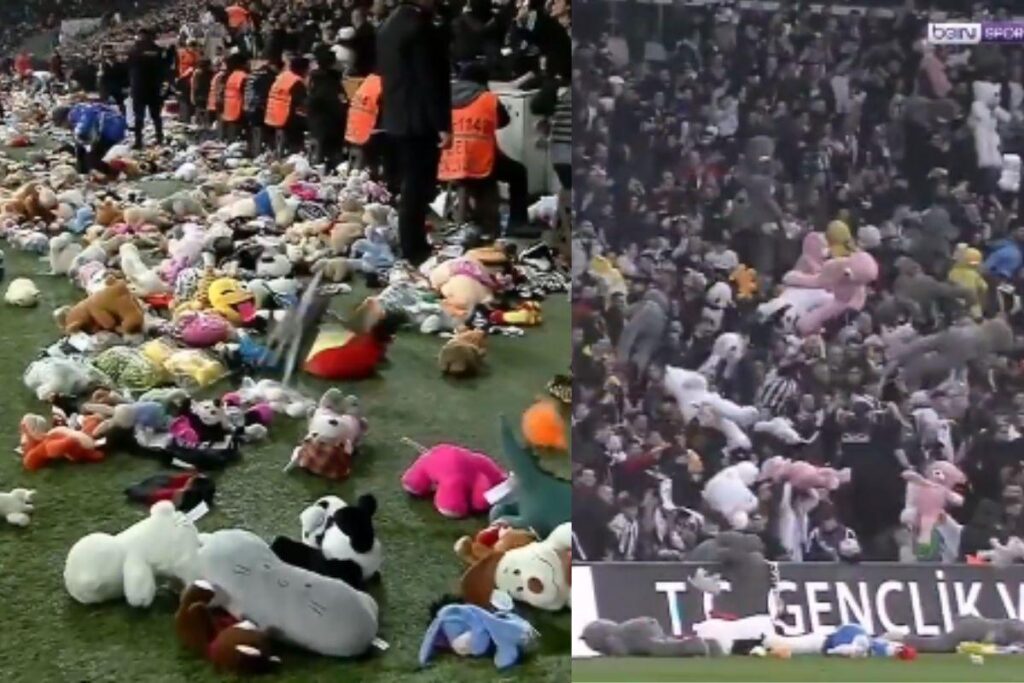 A torcida jogou milhares de pelúcia