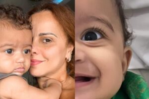 O primeiro dente de Joaquim, filho de Viviane Araujo e Guilherme Militão