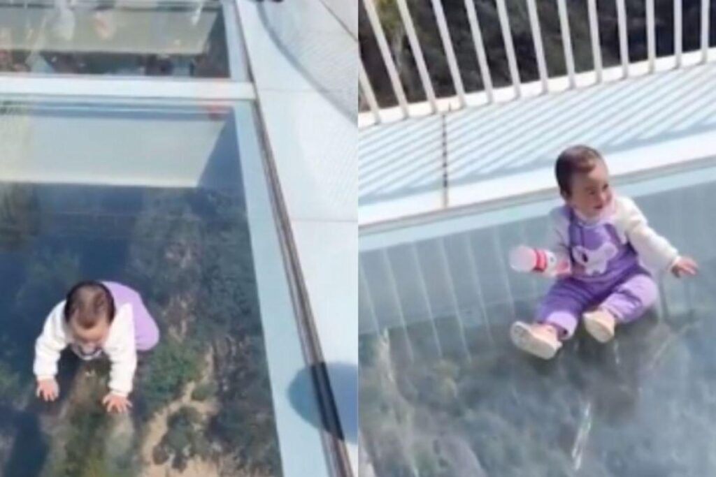 Bebê anda em ponte de vidro e surpreende internautas