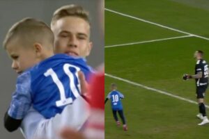 Momento em que Enok não acerta o chute