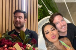 Thiago Nigro apareceu com um buquê de flores