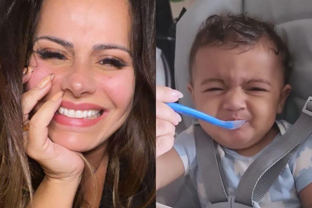 Viviane Araujo mostra introdução alimentar com o filho