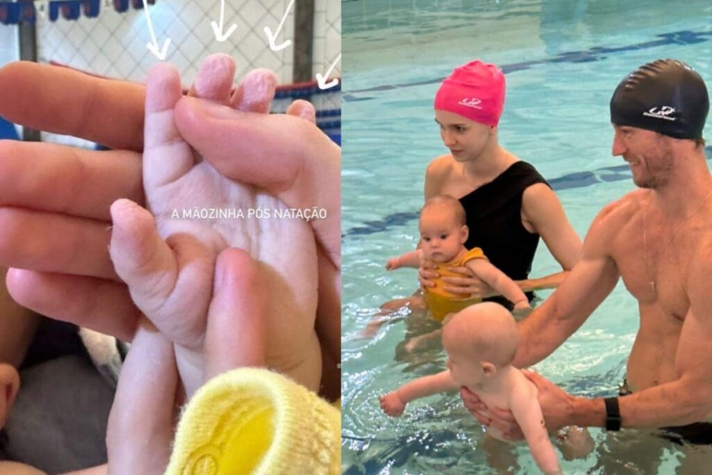 O casal fez exercícios na piscina junto com os bebês