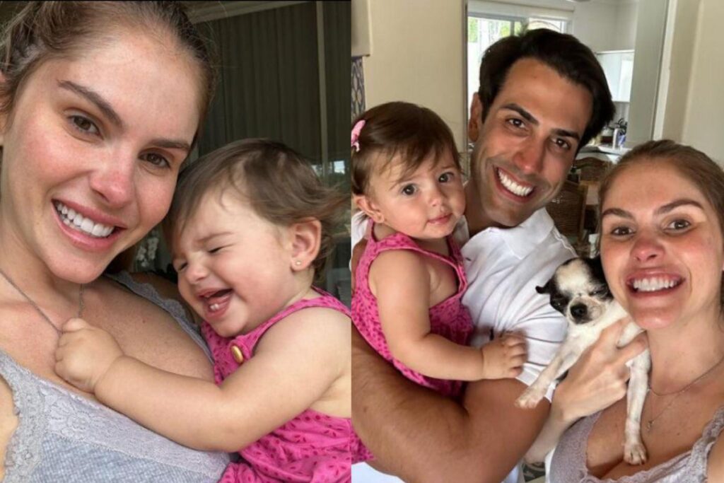 Bárbara Evans, o marido, a filha e o cachorro da família