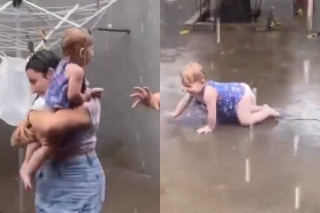 Pais deixam bebê brincar na chuva e dividem opiniões