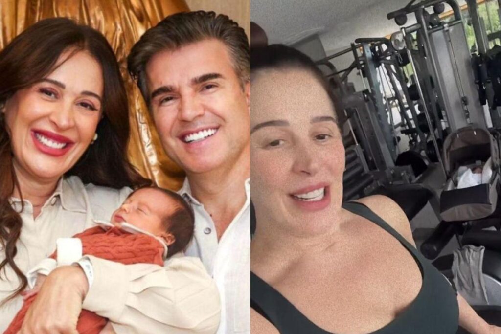 Claudia Raia com o filho, Luca, malhando pela primeira vez depois do parto