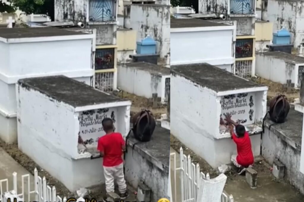 Essa criança comoveu a internet pela reação ao visitar a mãe no túmulo para mostrar notas escolares