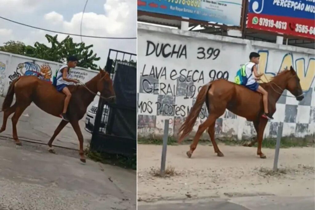 Menino anda a cavalo para chegar a escola