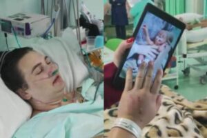 Mãe se emociona ao ver o filho pela primeira vez