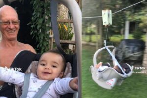 Esse avô utilizou o bebê conforto para brincar com o neto